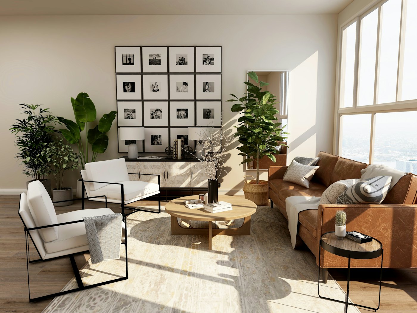 Bright living room with gallery wall