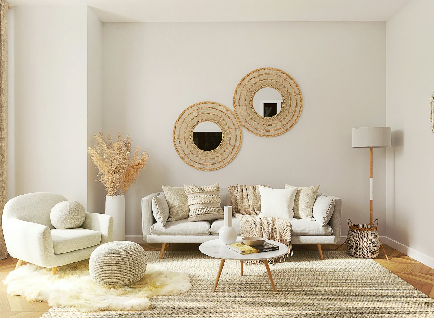 Neutral lounge with round mirrors