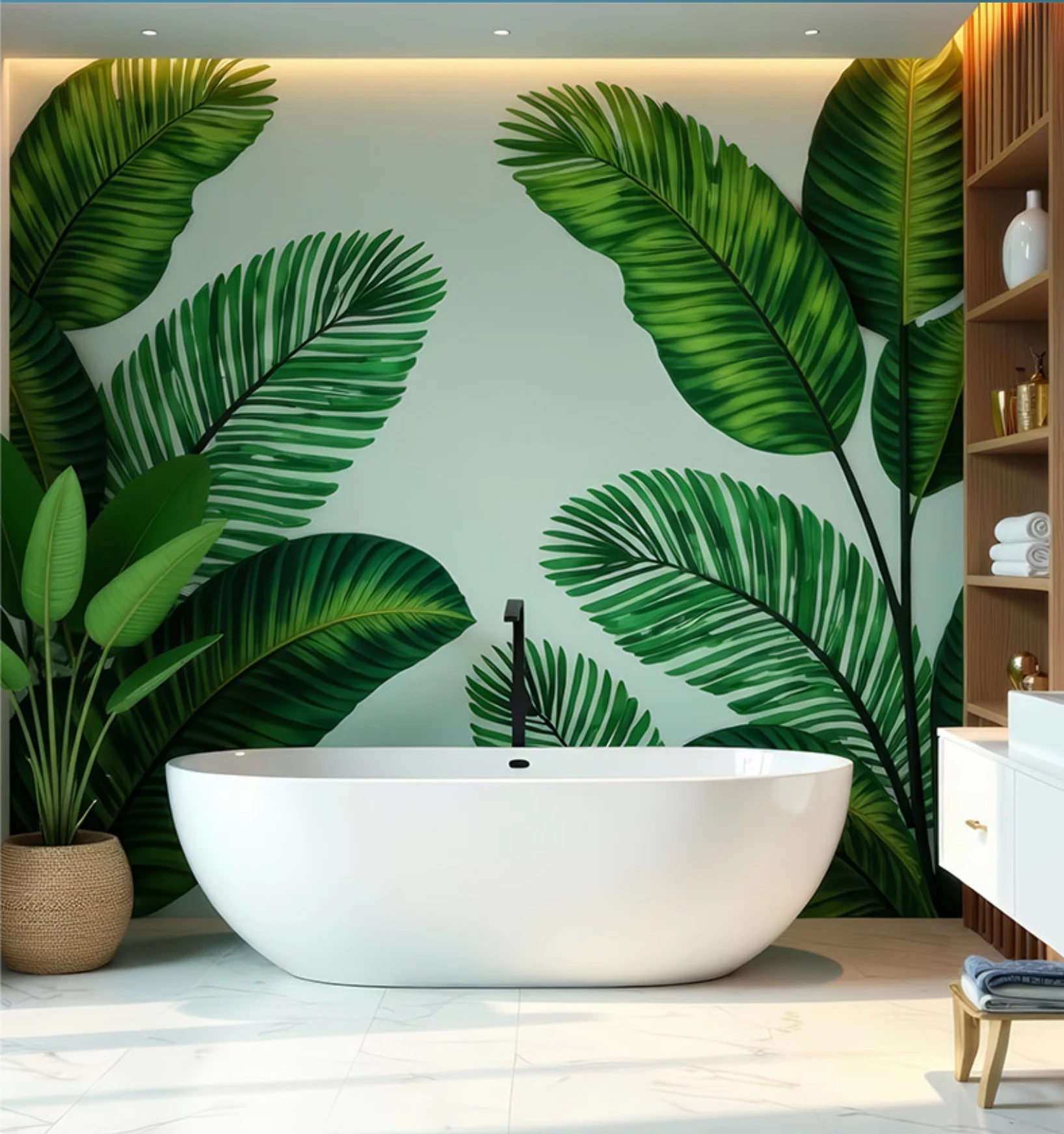 Bathroom with a freestanding tub in front of a tropical leaf wall mural